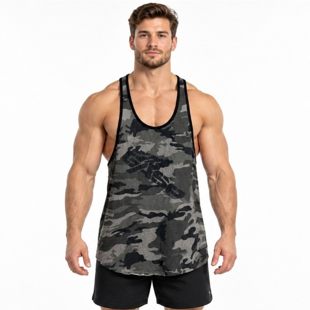 GASP Vintage T-Back Camo Bodybuilding Tank Top XL Grey Tactical Gymwear Stringer
